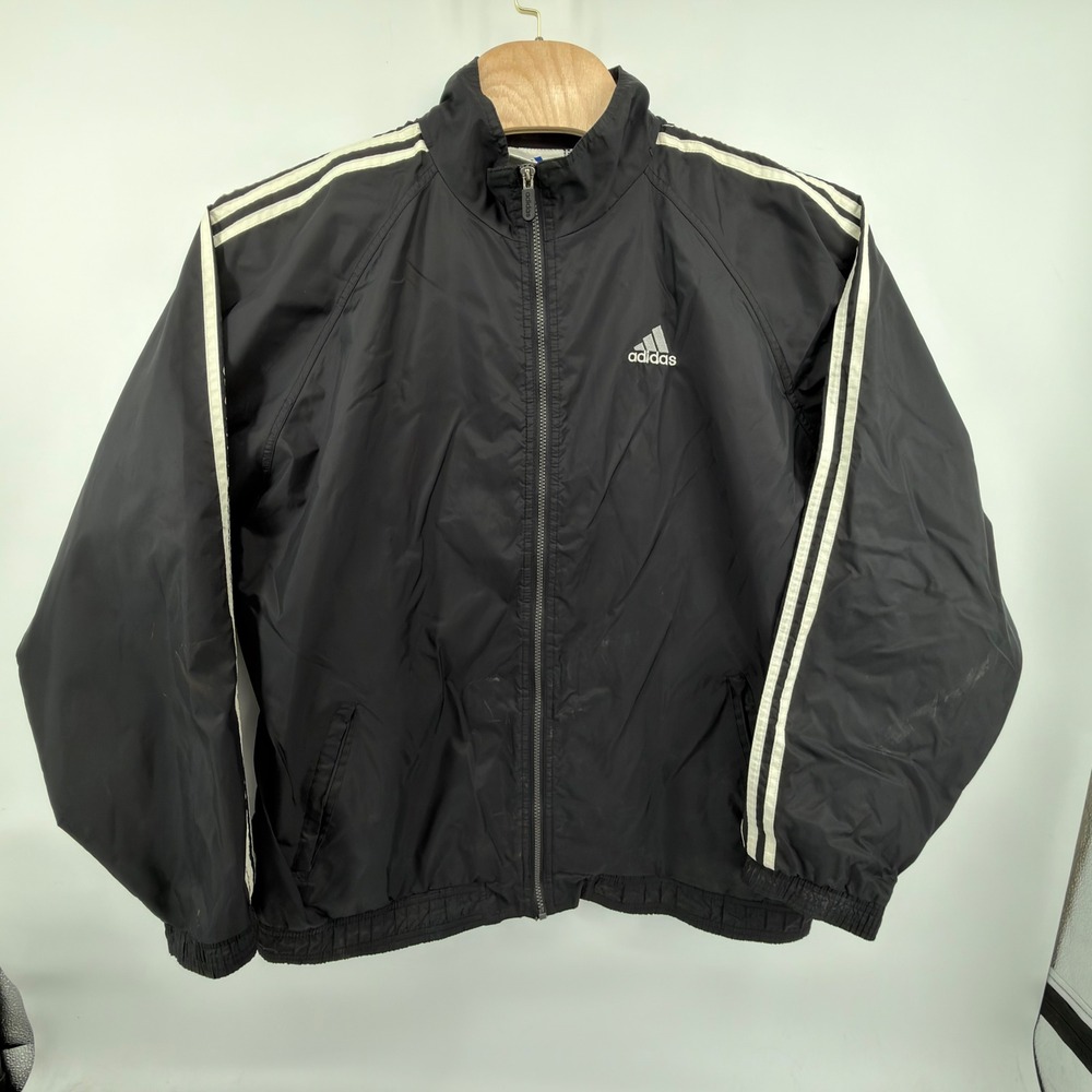 Vintage Adidas Windbreaker Jacket Mens XXL Black White Stripe Hooded Mesh Lined